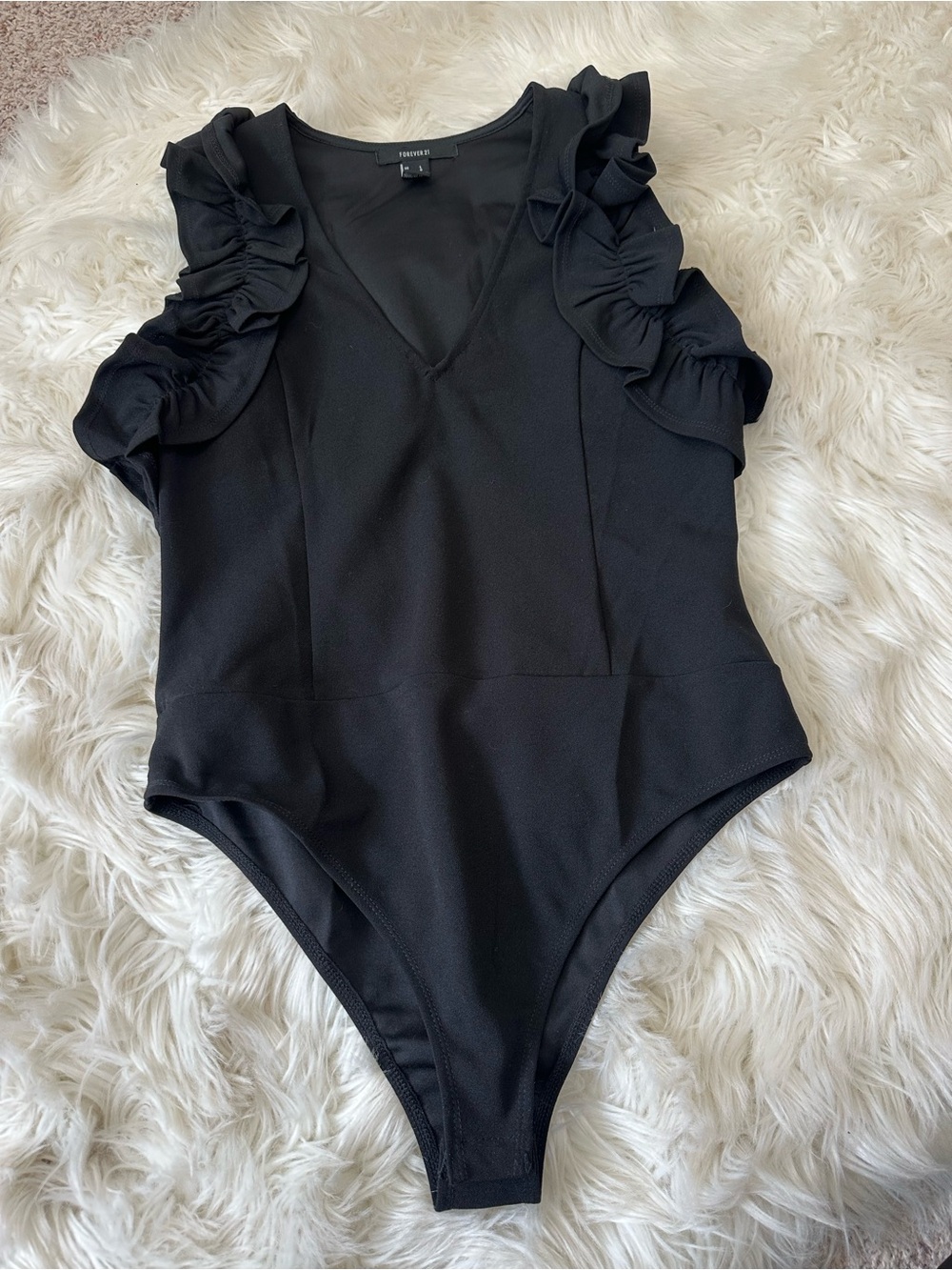 Forever 21 Black Ruffle-Shoulder V-Neck Bodysuit